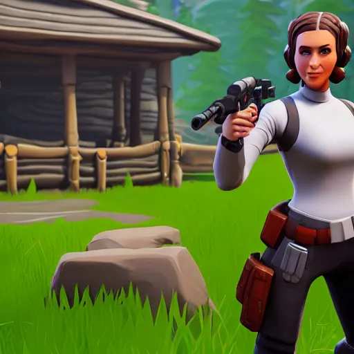 Image similar to princess leia in fortnite, character render, full body shot, highly detailed, in game render