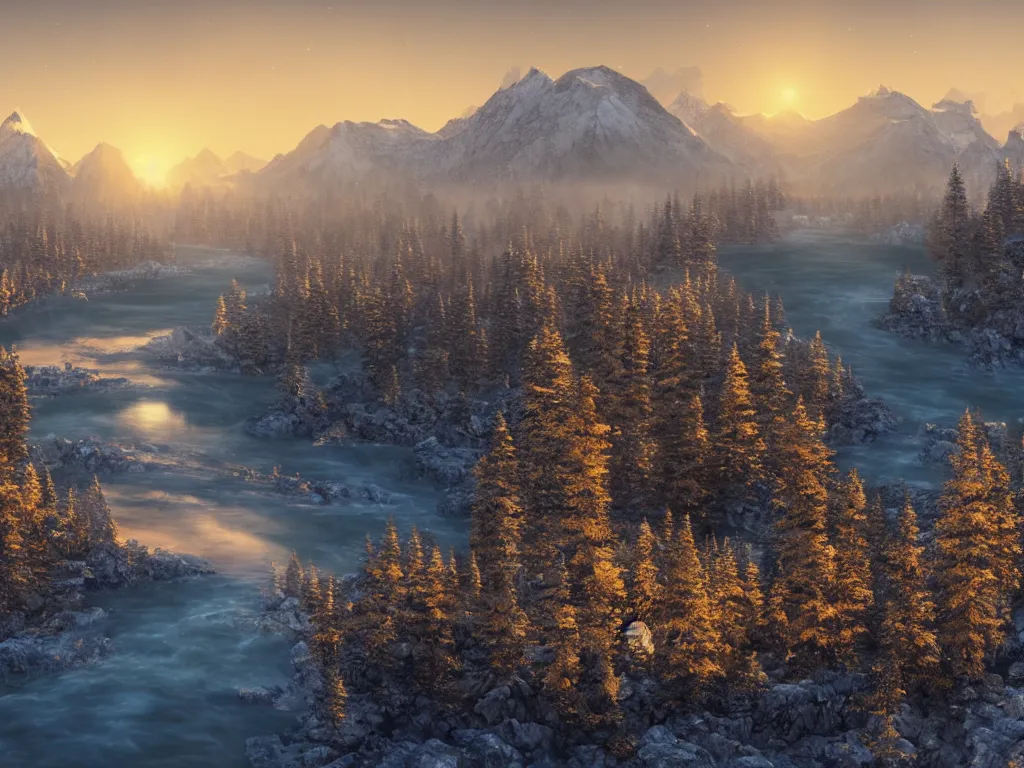 Prompt: epic crystalline taiga with a river, golden hour, distant mountains, atmospheric perspective, cinematic, 3 5 mm lens, photographic, octane render, cinematography by roger deakins, in the style of ansel adams