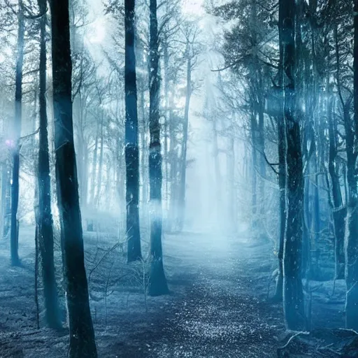 Image similar to bright nordic forest, sparkling spirits, detailed wide shot, hologram, ground detailed, wet eyes reflecting into eyes reflecting into infinity, beautiful lighting