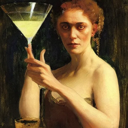 Prompt: portrait of a mysterious woman holding a martini, by Ilya Repin and Dave McKean