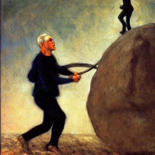 Image similar to a painting of benjamin netanyahu as sisyphus, carrying boulder, by franz stuck