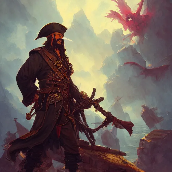 Image similar to pirate captain d & d, d & d style, trending on artstation, intricate, highly detailed, vivid painting, colorful, art by greg rutkowski