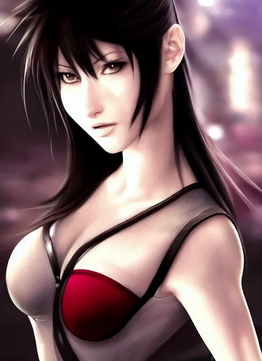 Prompt: elegant Tifa Lockhart stares intently at you. ultra detailed painting at 16K resolution and epic visuals. epically surreally beautiful image. amazing effect, image looks crazily crisp as far as it's visual fidelity goes, absolutely outstanding. vivid clarity. ultra. iridescent. mind-breaking. mega-beautiful pencil shadowing. beautiful face. Ultra High Definition. processed twice. polished marble.