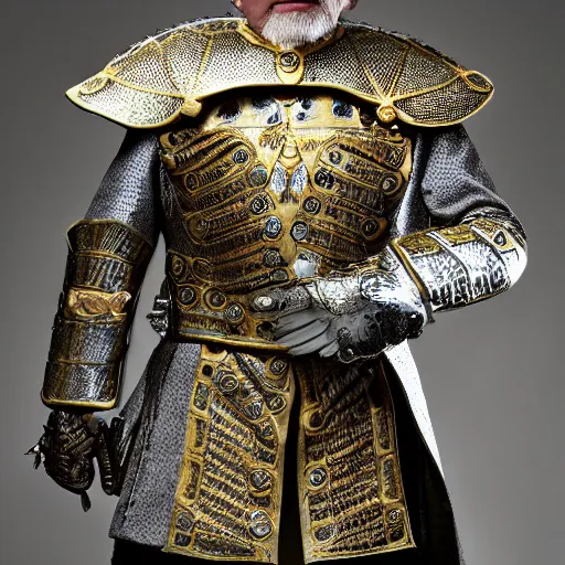 Image similar to a high resolution 35mm realistic photograph of an old man wearing a suit of ornate ceremonial armor. The armor is detailed and regal with a large hemp leaf pattern on the chest plate. Dynamic composition with natural lighting in a battlefield setting