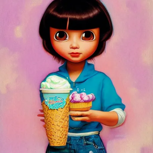 Prompt: dora the explorer as real girl holding ice cream, detailed, intricate complex background, Pop Surrealism lowbrow art style, mute colors, soft lighting, by Mark Ryden and mucha, artstation cgsociety