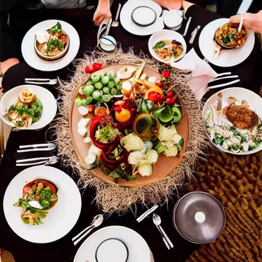 Prompt: a banquet table filled with food made out of hair and fur