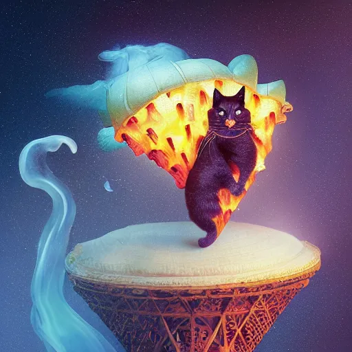 Image similar to inferno realistic intricate paris cone longhair cat wok singularity mushroom, by robert henri and beeple and maria sibylla merian, black velvet painting, photoillustration, impressionism