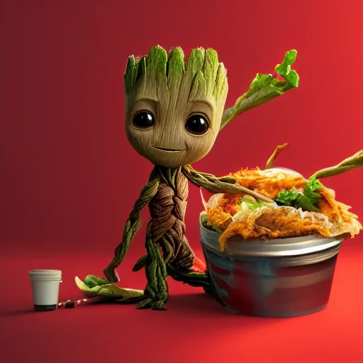 Prompt: Baby Groot eating a burrito while sitting on a soft red rug, hyperdetailed, artstation, cgsociety, 8k