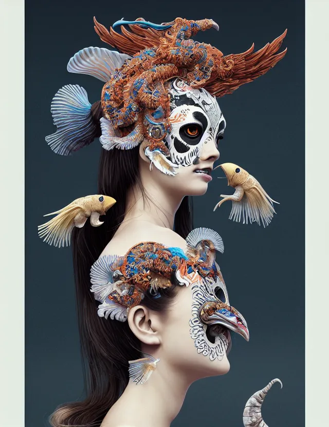 Prompt: 3 d goddess half - turn portrait with ram skull. beautiful intricately detailed japanese crow kitsune mask and clasical japanese kimono. betta fish, jellyfish phoenix, bio luminescent, plasma, ice, water, wind, creature, artwork by tooth wu and wlop and beeple and greg rutkowski