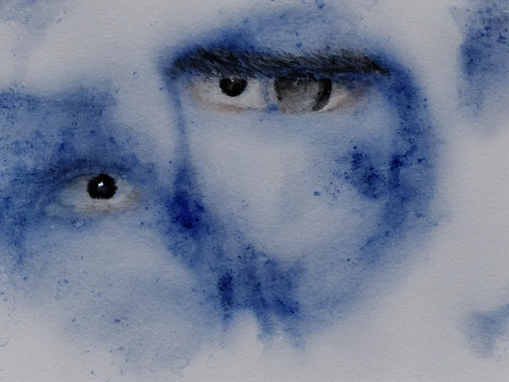 Prompt: the piercing blue eyed stare of yuki onna, freezing blue skin, blizzard in the mountains, painted in minimalist watercolor, bokeh, asymmetric, rule of thirds