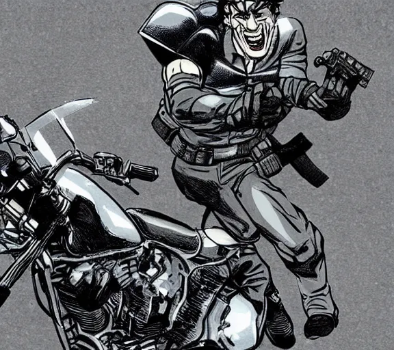 Image similar to solid snake crashing through a wall riding a motorcycle, in the style of jack kirby