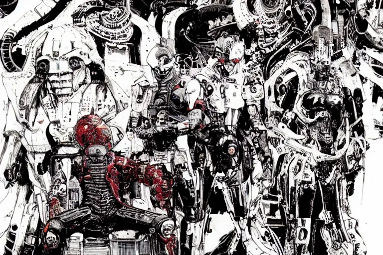 Prompt: cyborg bounty hunters, a color illustration by tsutomu nihei, tetsuo hara and katsuhiro otomo
