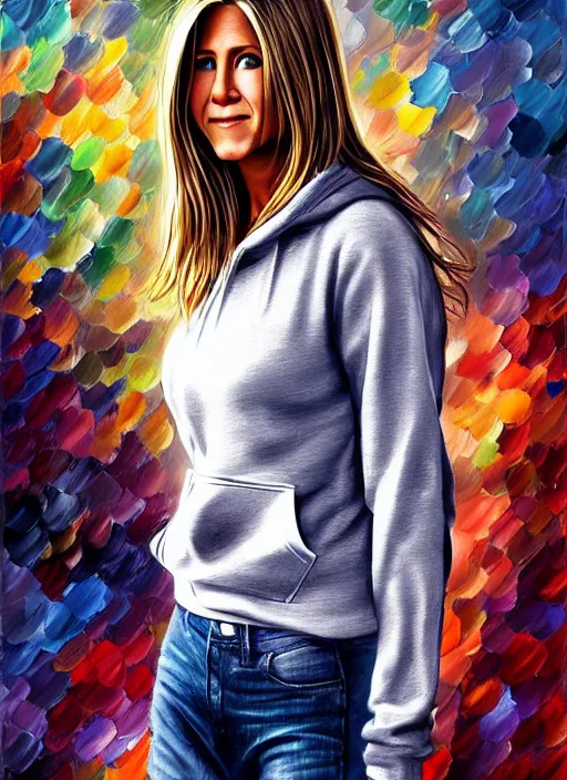 Image similar to jennifer aniston, gray hoodie, jeans, half body shot, path traced, highly detailed, high quality, digital painting, alena aenami, leonid afremov, lilia alvarado, shinji aramaki, karol bak, alphonse mucha, tom bagshaw