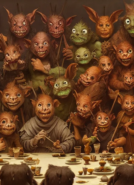 Image similar to highly detailed closeup group portrait of medieval goblins having a banquet, stephen bliss, unreal engine, greg rutkowski, ilya kuvshinov, ross draws, hyung tae and frank frazetta, tom bagshaw, tom whalen, nicoletta ceccoli, mark ryden, earl norem, global illumination, god rays, detailed and intricate environment