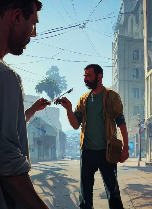 Image similar to highly detailed portrait a man getting vaccinated in gta v, stephen bliss, unreal engine, fantasy art by greg rutkowski, loish, rhads, ferdinand knab, makoto shinkai and lois van baarle, ilya kuvshinov, rossdraws, tom bagshaw, global illumination, radiant light, detailed and intricate environment