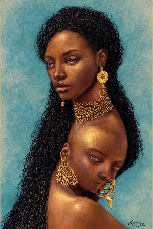 Image similar to Portrait of a Beautiful African female, sad green eyes, beautiful skin, elegant, jewellery, digital painting, Pre-Raphaelites, highly detailed, concept art, smooth, sharp focus, gold and indigo, illustration, art by Klimt .