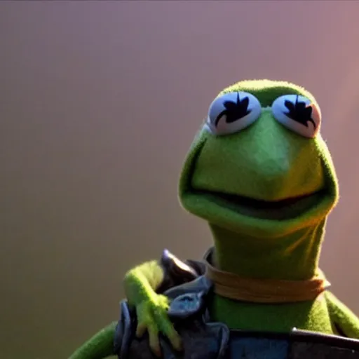 Prompt: action shot of kermit the frog as furiosa in mad max, dramatic light, god rays, very detailed