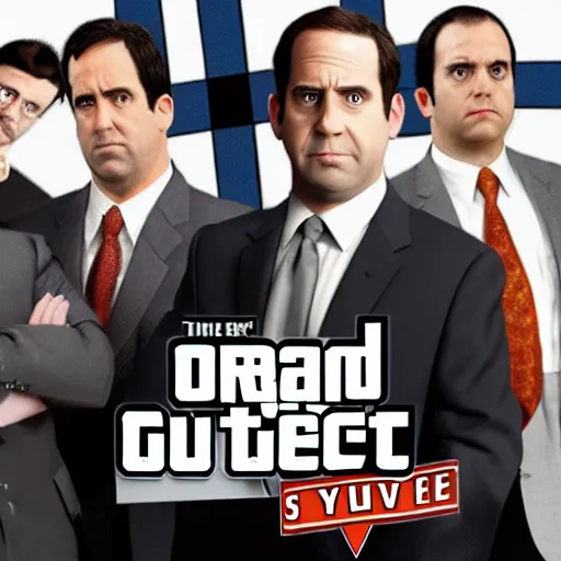 Image similar to the cast of tv show the office in the style of a grand theft auto game cover, high resolution