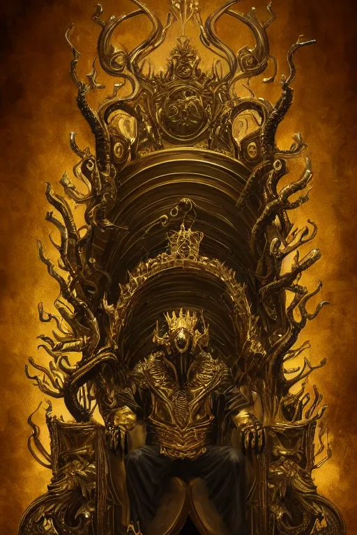 Image similar to lovecraftian gilded king on a throne, gold accents, digital art, in the style of greg rutkowski, trending on artstation