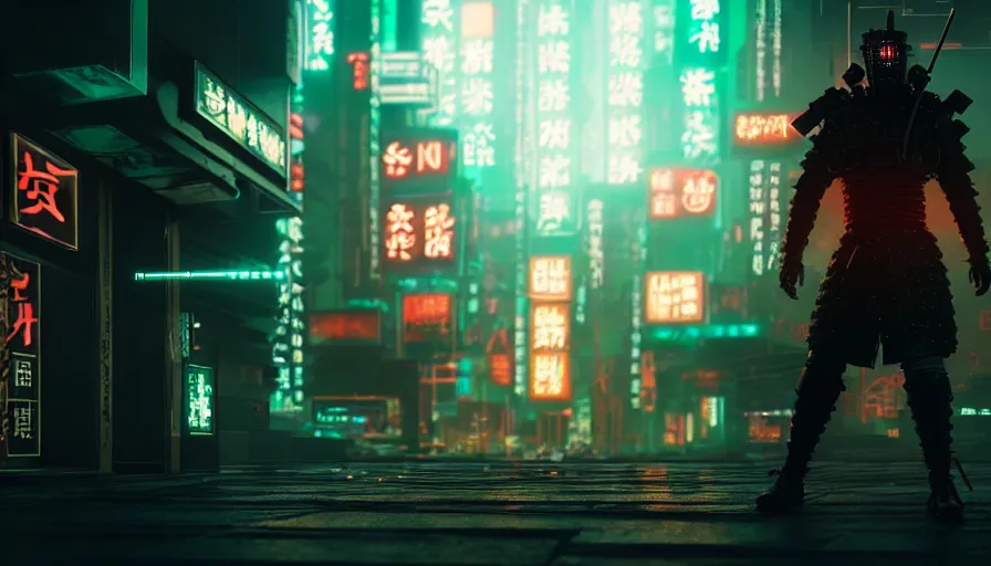 Prompt: movie still, a man in samurai armor in night city,, cyberpunk horror style, cyberpunk, cyberpunk futuristic neo, detailed and intricate environment, octane render, unreal engine, 4 k