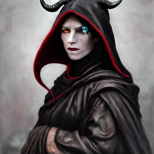 Prompt: masterpiece portrait of a surly and resentful female tiefling thief with horns wearing a black hooded cloak and a thief's leather garb, red tiefling skin pigmentation, black eyes with no irises, curled ram horns, by Greg Rutkowski, as seen on ArtStation, 4k, dungeons and dragons, very aesthetic, very detailed, intricate, unreal, fantasy, dramatic, painterly, artstation, sharp focus, smooth