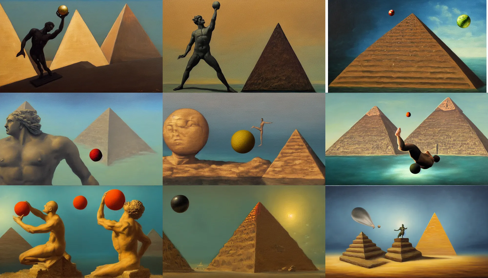 Prompt: an oil painting of a manlike statue staring at a ball rolling off a pyramid, underwater, in the style of jos decordier, using gradients and the degrade technique