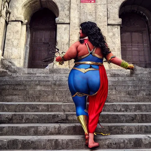 Image similar to a portrait obese indian woman dressed as wonder woman on steps in Porto, detailed, art station, greg rutkowski