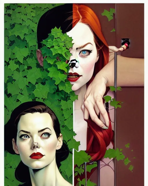 Image similar to joshua middleton, phil noto, norman rockwell, artgerm, emma stone poison ivy dc comics, vines, symmetrical eyes, city rooftop