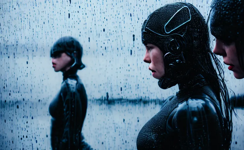 Image similar to cinestill 5 0 d candid action photographic portrait by stanley kubrick of two loving female androids wearing rugged black mesh techwear in treacherous waters, extreme closeup, modern cyberpunk retrofuturism moody emotional cinematic, pouring iridescent rain, 8 k, hd, high resolution, 3 5 mm, f / 3 2, motion blur, ultra realistic faces, ex machina