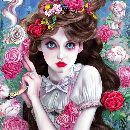 Prompt: Alice in Wonderland at the tea party, she looks like a mix of grimes, Aurora Aksnes and Lana Del rey, childlike, billowing elaborate hair and dress, strings of pearls, surrounded by red and white roses, digital illustration, inspired by a stylistic blend of Aeon Flux, Japanese shoujo manga, and John singer Sargent paintings, hyper detailed, dreamlike, otherworldly and ethereal, delicate, flower petals, super photorealistic, iridescent, prismatic light, extremely fine inking lines