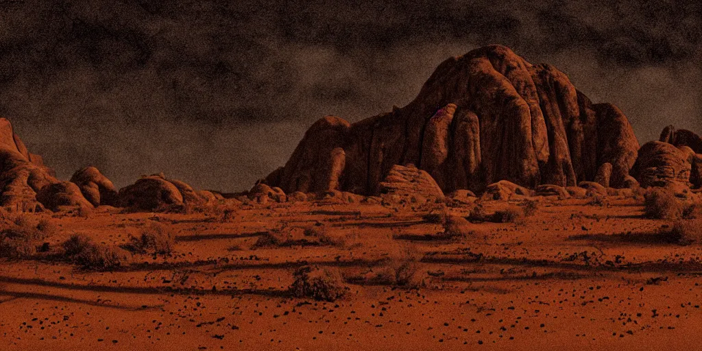 Image similar to a realistic sepia - toned photorealistic painting of wadi rum at night, dark, brooding, atmospheric, lovecraft