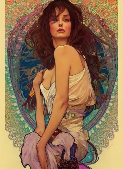 Image similar to Pretty woman, 1967 psychedelic portrait art by artgerm and greg rutkowski and alphonse mucha