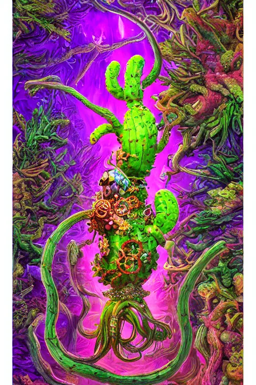 Image similar to creature sushi roots cactus elemental flush of force nature micro world fluo light deepdream a wild amazing steampunk baroque ancient alien creature, intricate detail, colorful digital painting radiating a glowing aura global illumination ray tracing