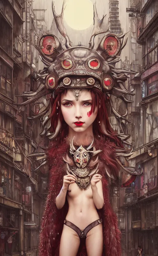 Image similar to hyper realistic Princess Mononoke, ornate mask magic, wet market street, cyberpunk metropolis, city landscape, jewels, full body pose, full moon, style of tom bagshaw, mucha, james gurney, norman rockwell, denoised, sharp