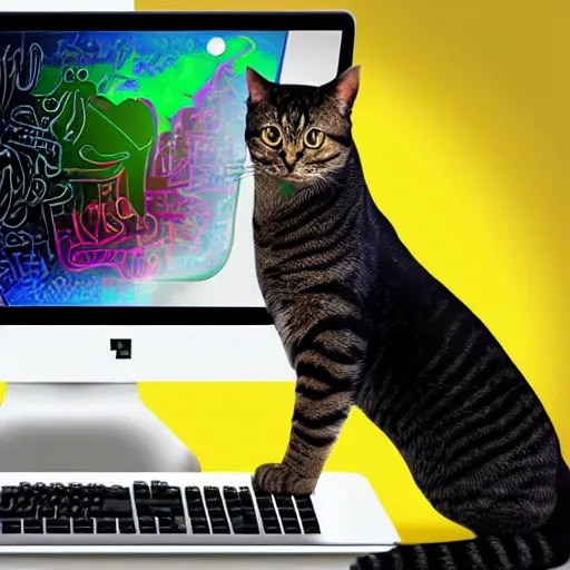 Prompt: computer monitor with a cat stuck inside, surreal, colorful