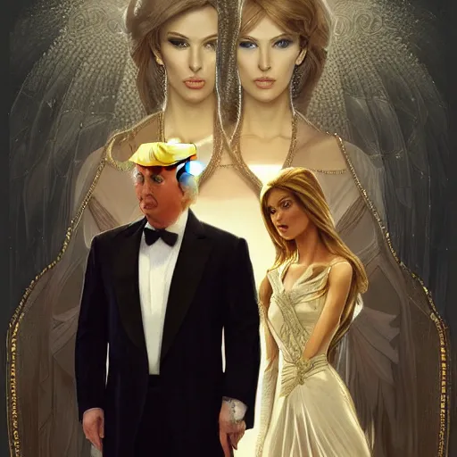 Image similar to vladimir putin marrying donald trump, elegant, highly detailed, digital painting, artstation, concept art, smooth, sharp focus, illustration, art by artgerm and greg rutkowski and alphonse mucha