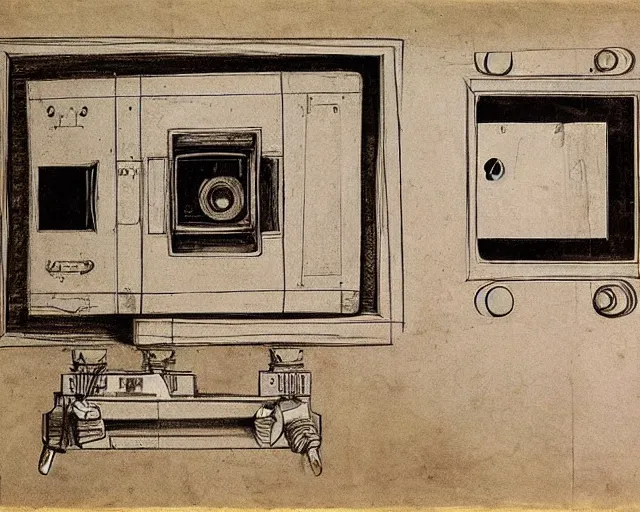 Prompt: mechanical electrical television set sketch with detailed notes by leonardo da vinci