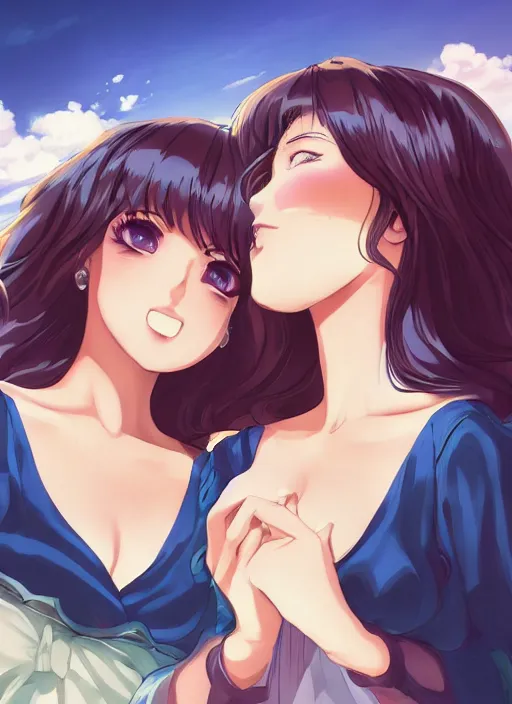 Image similar to two beautiful mothers outside on a hot summer evening, gorgeous faces, thick lines, cinematic lighting, detailed anime art