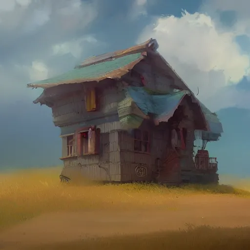 Prompt: an artistic painting of a small house floating in a colorful cloudy blue sky, midjourney, by greg rutkowski, artstation