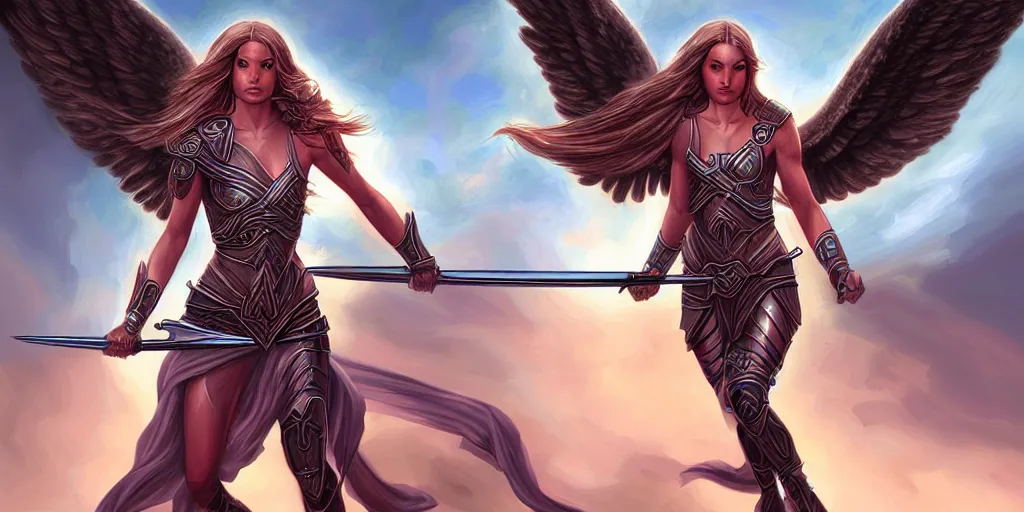 Image similar to female angel warrior. digital art, detailed by magali villeneuve