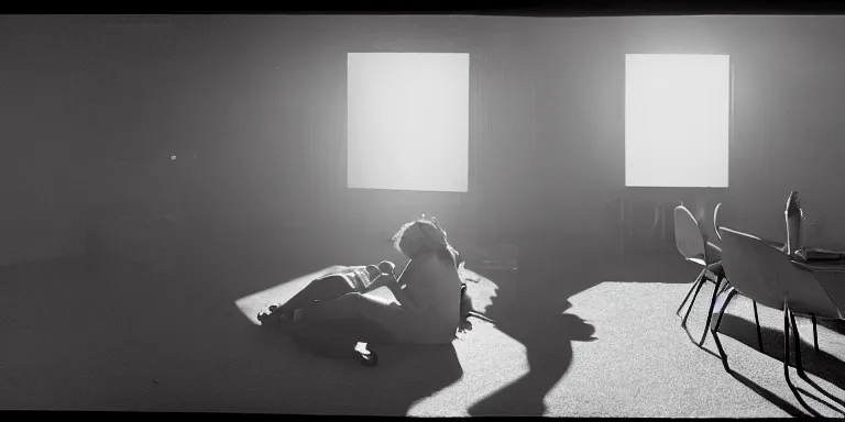 Image similar to photorealistic Cinematography of a two women kissing on the floor at night in a mid century modern apartment shot on film at magic hour with the sun shining into a room filled with volumetric haze by the shining Cinematographer john alcott on a cooke panchro 18mm lens .