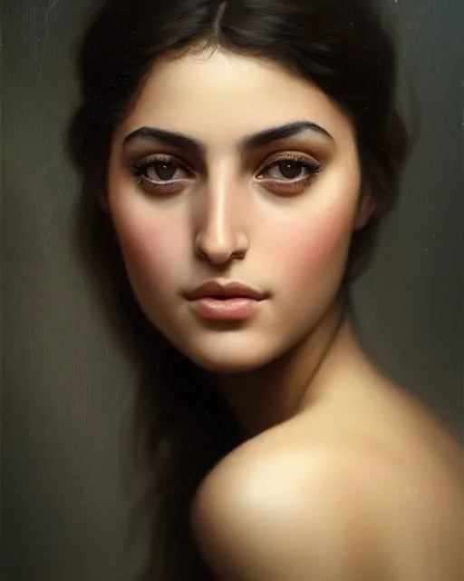 Image similar to a highly realistic, true to life portrait of a beautiful young middle eastern girl, soft focus, from the waist up, with sharp features, a beautiful face, soft smile, under studio lighting, taken with a canon eos camera with 1 3 5 mm focal length, art by karol bak, james jean, tom bagshaw, trending on artstation,