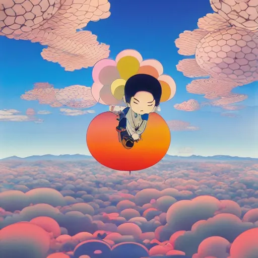 Prompt: a man walking on clouds above kyoto by takashi murakami, beeple and james jean, aya takano color style, 4 k, super detailed, modern, 4 k