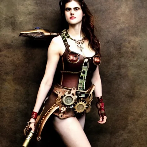 Prompt: full body photo of alexandra daddario as a steampunk amazon warrior