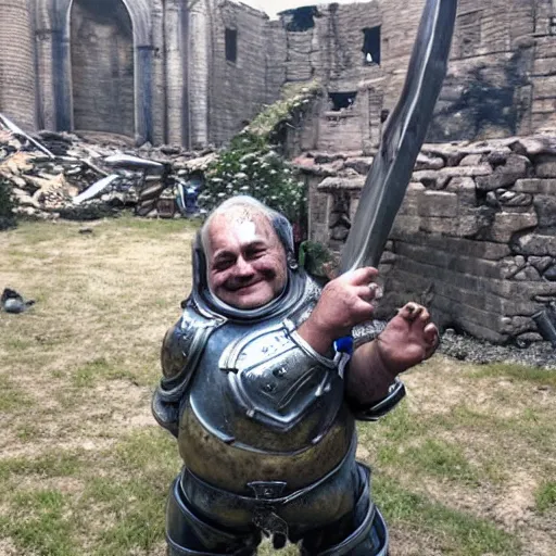 Prompt: last selfie taken by, oilpainting a tolkien dwarf, resembling Danny Devito wearing metal Armour that is smiling, in combat, apocalyptic, smoldering ruins, corpses on the ground, gore, fire