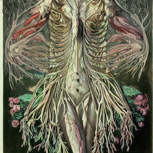 Image similar to a beautiful detailed full body rotten woman corpse morphing into fractal plants and fractal flowers and mushrooms, muscles, veins, anatomical, intricate, ornate, volumetric light, beautiful lit, manet