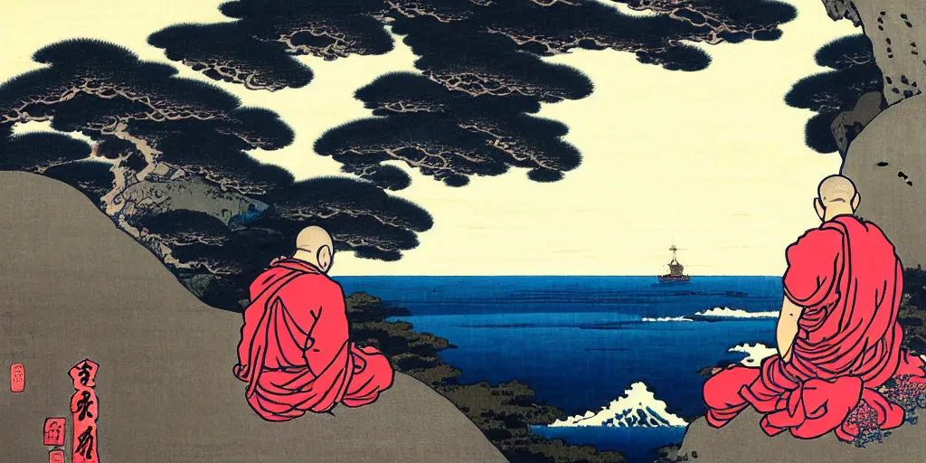 Prompt: a monk sits alone on the cliff ledge in the lotus position looking out onto a vast ocean, by Katsushika Hokusai, wide angle, cinematic lighting, detailed oil painting