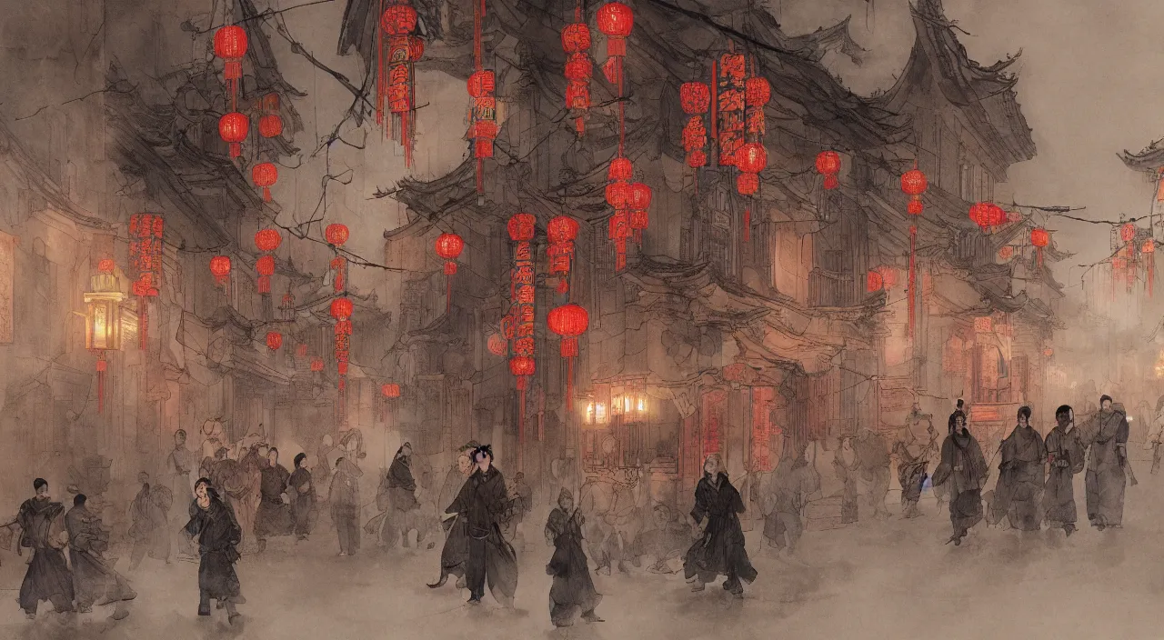 Image similar to on the night of the chinese new year's day, many chinese ghosts wander in the ancient chinese streets. the guiding line composition method, the tindal effect, the soft light, the cool color, by wu jinyuan, trending on artstation