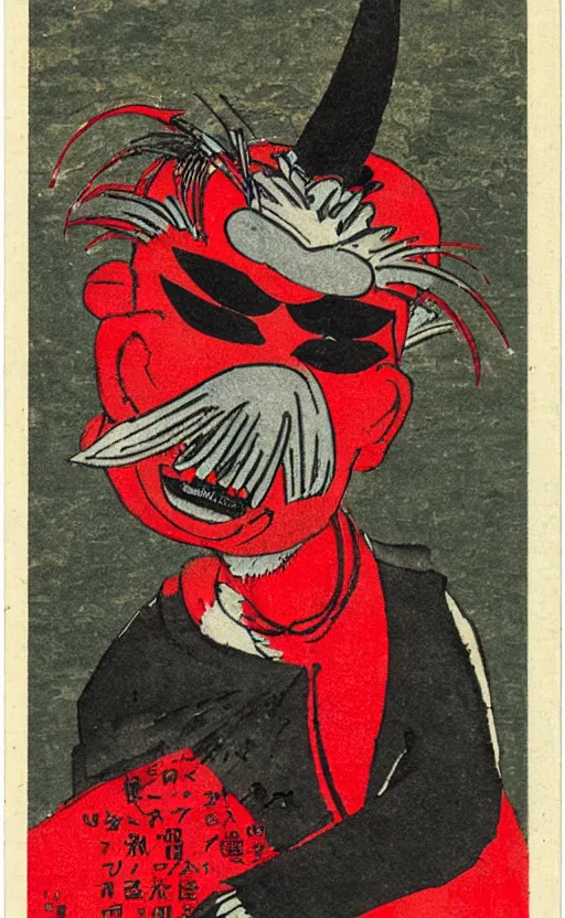 Prompt: by akio watanabe, manga art, a man masked as tengu sitting, red mask, abandoned japaense village, trading card front