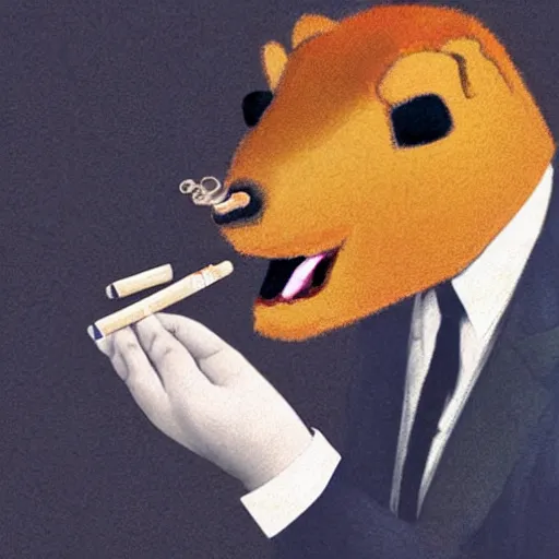 Prompt: a high detail photo of an antropomorphic capybara wearing a suit smoking a cigarrette, subject= duck, subject detail: wearing a suit, subject action: smoking a cigarrette photorealism